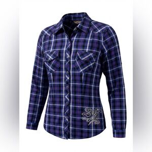 Harley-Davidson Woman Blue & Red Plaid Shirt Snap Buttons Size XS P2P 18”